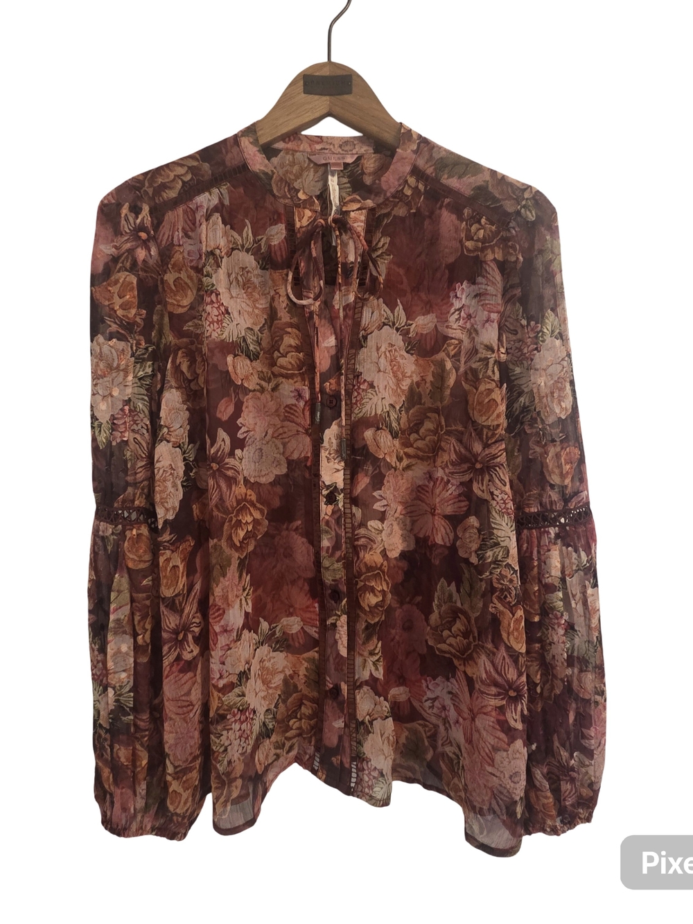 Guess Floral Tie-Neck Sheer Blouse - Brown Multi Size L
